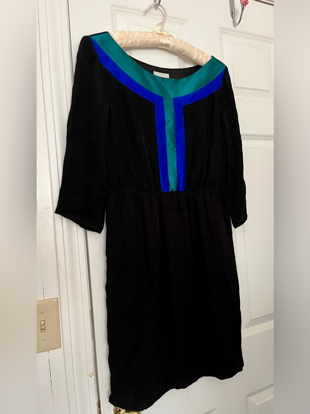 Vintage by SMITH Black Dress with Teal & Cobalt Trim 100% Silk Scoop Neck
